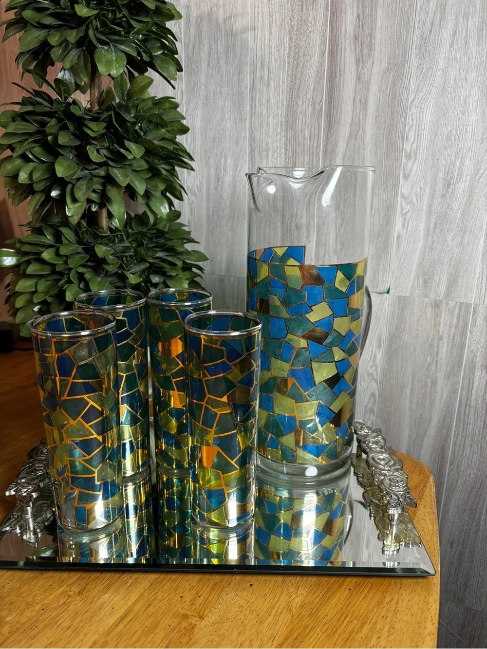 Vintage Blue & Gold Mosaic Glass Pitcher & 4 Highball Glasses Barware Set